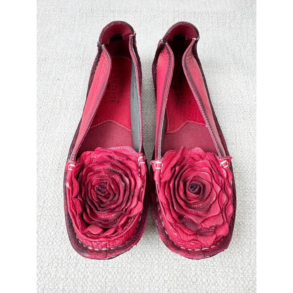 L'ARTISTE DEZI Leather Floral Detail Slip On Loafers Red Rosettes Flats 7.5/38